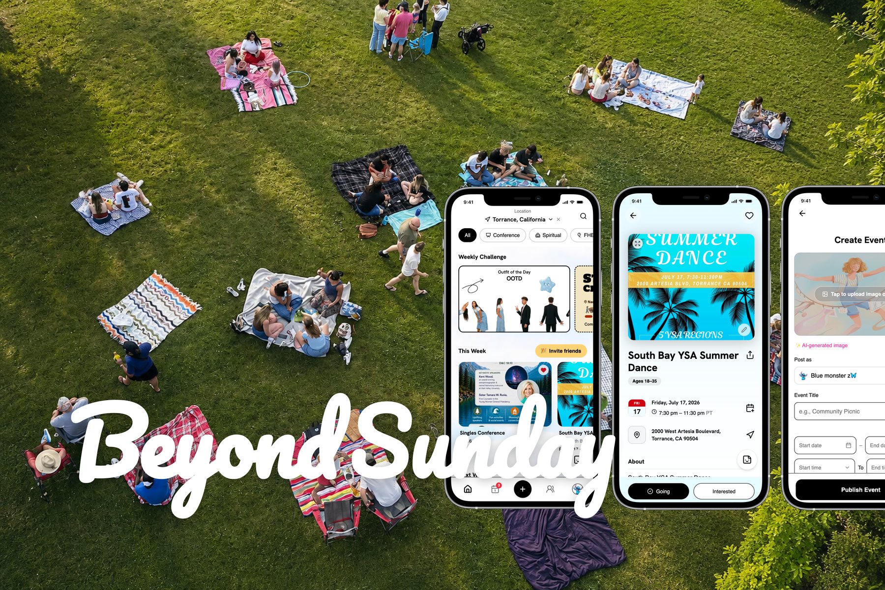 Beyond Sunday app screens for discovering and creating YSA community events, shown over an aerial photo of a group picnic gathering